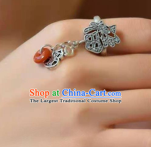China National Agate Peace Buckle Ring Jewelry Traditional Handmade Silver Circlet Accessories