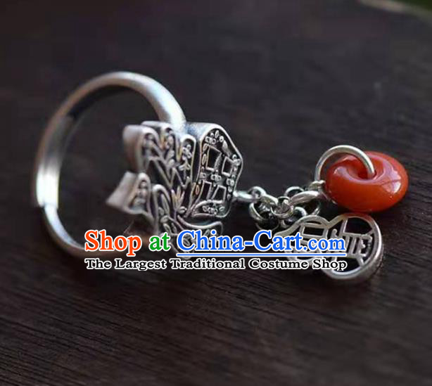 China National Agate Peace Buckle Ring Jewelry Traditional Handmade Silver Circlet Accessories