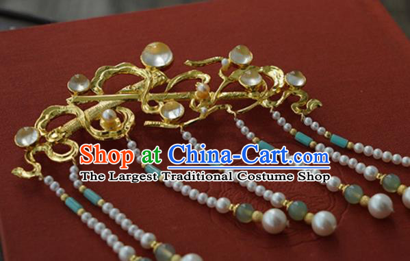 China Traditional Court Empress Golden Hairpin Handmade Hair Accessories Tang Dynasty Pearls Tassel Hair Comb