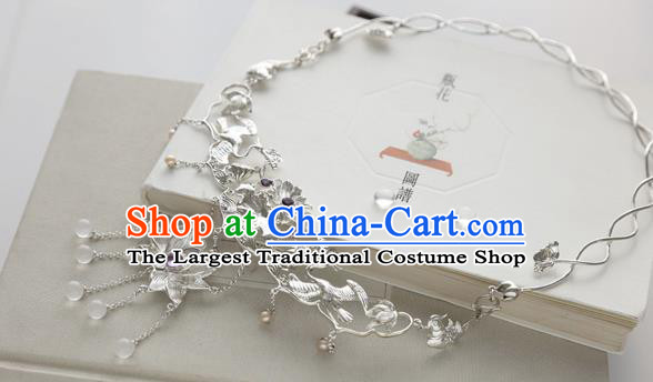Chinese Classical Argent Necklet National Lotus Tassel Necklace Handmade Min Dynasty Princess Jewelry Accessories
