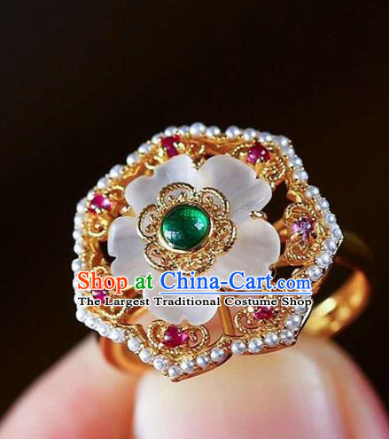 China National White Crystal Flower Ring Jewelry Traditional Handmade Pearls Golden Circlet Accessories