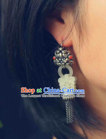 Handmade China Traditional Jade Jewelry Eardrop Accessories National Cheongsam Silver Tassel Earrings