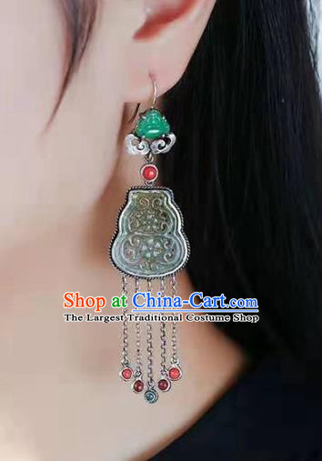 Handmade China National Jade Gourd Earrings Traditional Jewelry Accessories Cheongsam Silver Tassel Eardrop