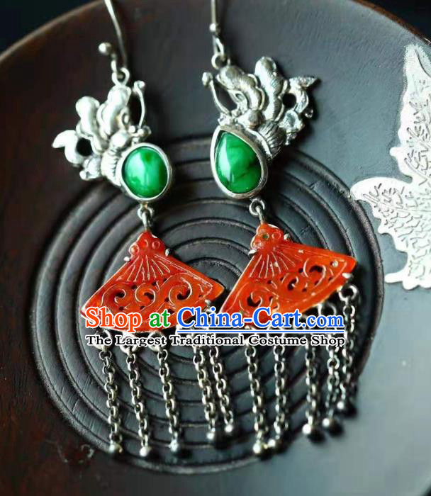 Handmade China Red Jade Eardrop Jewelry Traditional Cheongsam Accessories National Silver Butterfly Tassel Earrings