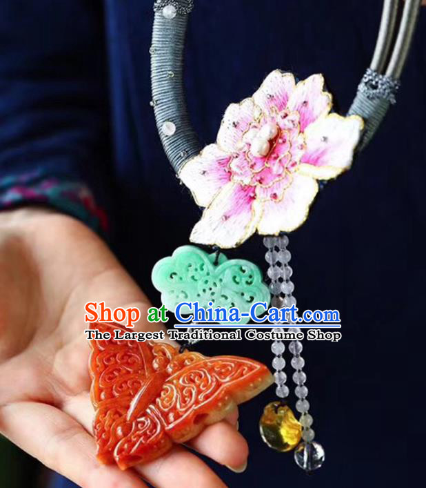 Chinese Classical Red Jade Butterfly Necklet Pendant Handmade National Embroidered Peony Necklace Accessories