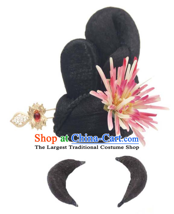 Chinese Traditional Tang Dynasty Wigs Chignon and Pink Silk Flower Hairpin Classical Flying Apsaras Dance Headdress