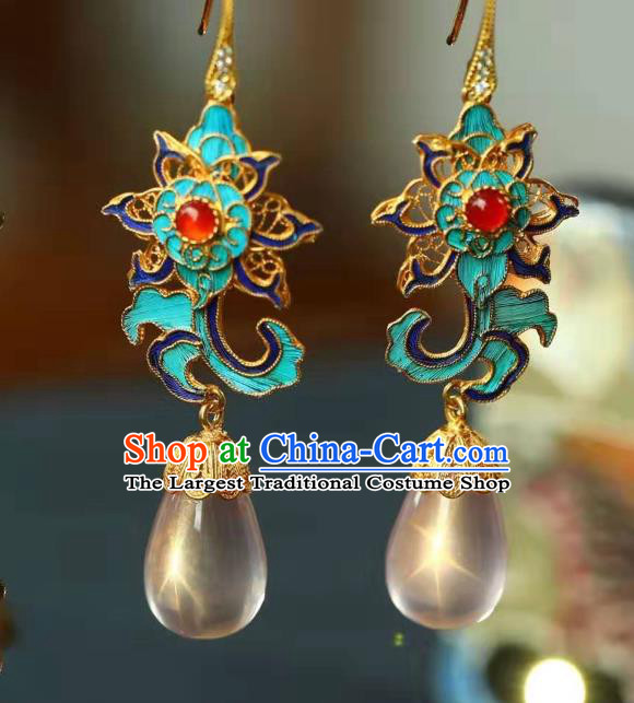 Handmade China Cloisonne Lotus Eardrop Jewelry Traditional Cheongsam Accessories National Rose Quartz Earrings