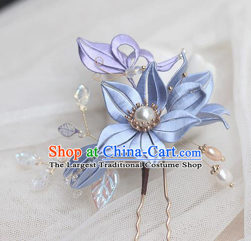 Chinese Classical Pearls Hairpin Handmade Hair Accessories Traditional Violet Silk Lily Flower Hair Stick