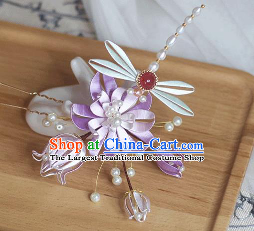 Chinese Handmade Lilac Silk Lotus Dragonfly Hair Stick Ancient Palace Lady Pearls Hairpin