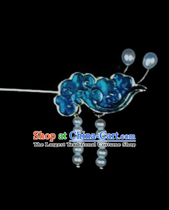 Chinese Ancient Qing Dynasty Princess Pearls Tassel Blue Hair Stick Traditional Cloisonne Cloud Hairpin