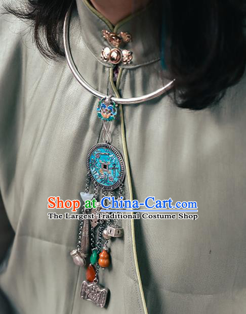 Chinese Handmade Ethnic Necklet Accessories Classical Silver Tassel Longevity Lock National Cloisonne Necklace