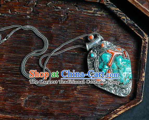 Chinese Classical Corallite Jewelry National Silver Carving Necklace Handmade Ethnic Kallaite Necklet Accessories