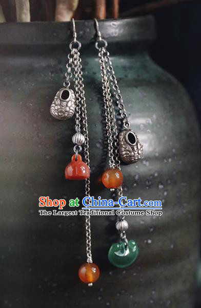 Handmade Chinese Traditional Agate Tassel Ear Jewelry Classical Cheongsam Earrings Accessories Silver Eardrop