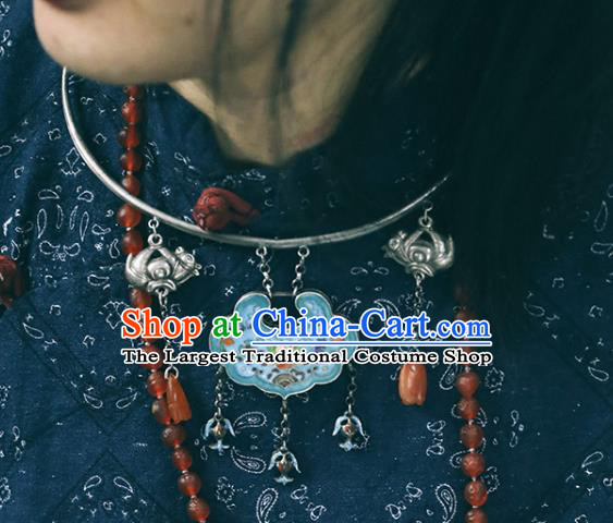 Chinese National Silver Carving Necklace Handmade Ethnic Enamel Lotus Necklet Accessories Classical Jewelry