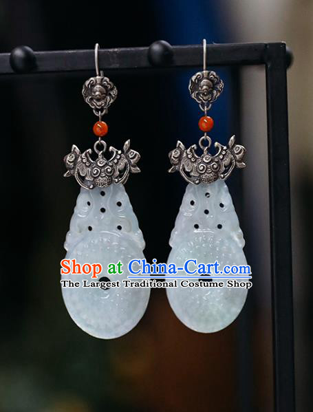 Handmade Chinese Traditional Silver Carving Bat Ear Jewelry Classical Cheongsam Earrings Accessories White Jade Eardrop