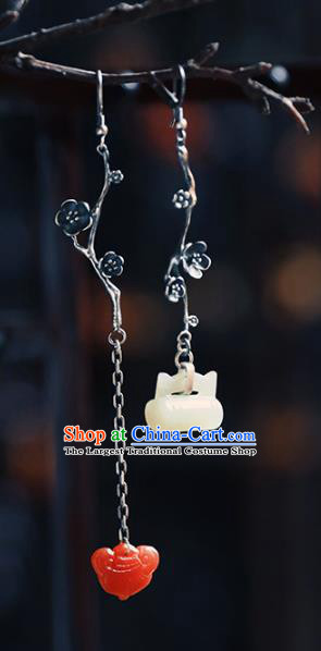 Handmade Chinese Classical Cheongsam Silver Plum Earrings Accessories Eardrop Traditional Jade Lock Ear Jewelry