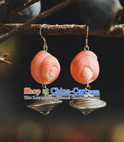 Handmade Chinese Traditional Pink Conch Ear Jewelry Classical Cheongsam Earrings Silver Eardrop Accessories