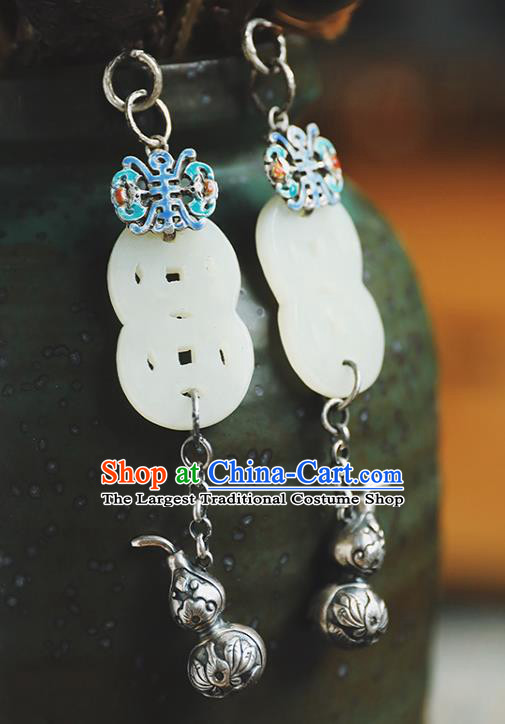 Handmade Chinese Traditional White Jade Copper Ear Jewelry Classical Cheongsam Earrings Accessories Silver Gourd Eardrop