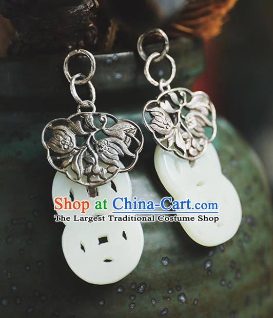 Handmade Chinese Traditional White Jade Ear Jewelry Eardrop Classical Cheongsam Silver Carving Earrings Accessories