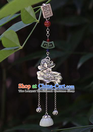 Chinese Handmade National Jade Tassel Breastpin Pendant Cheongsam Jewelry Accessories Classical Silver Lotus Brooch