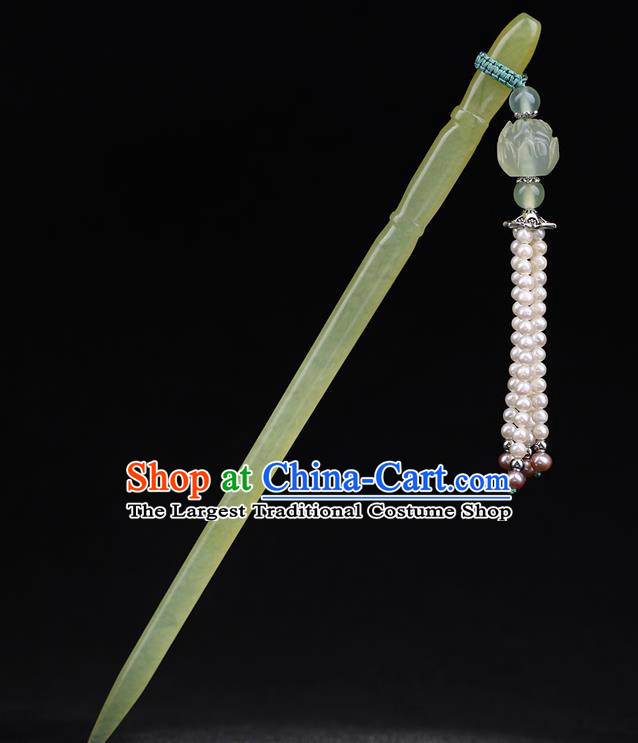 China National Jade Bamboo Hairpin Handmade Hair Jewelry Accessories Traditional Cheongsam Pearls Tassel Hair Clip