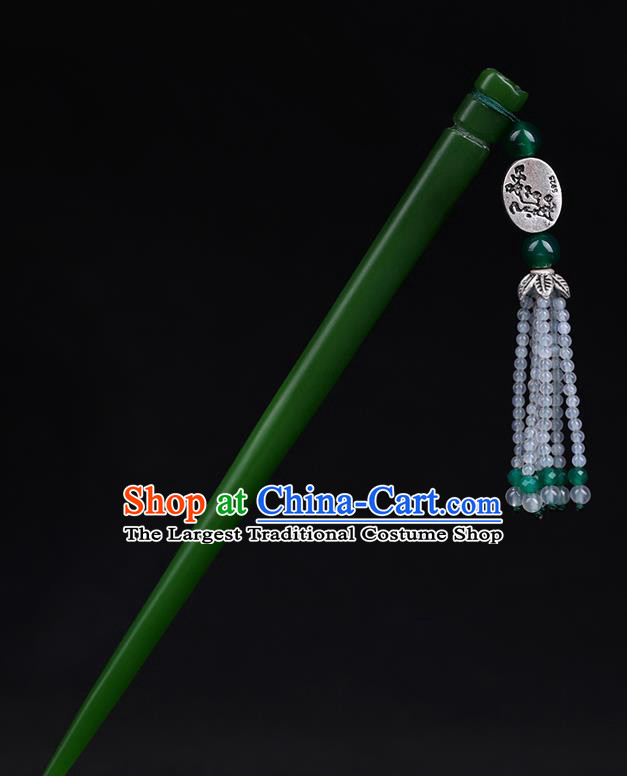 China National Beads Tassel Hairpin Handmade Hair Jewelry Accessories Traditional Cheongsam Green Jade Hair Clip