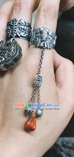 China National Silver Ring Traditional Agate Lotus Seedpod Tassel Circlet Handmade Wedding Jewelry Accessories