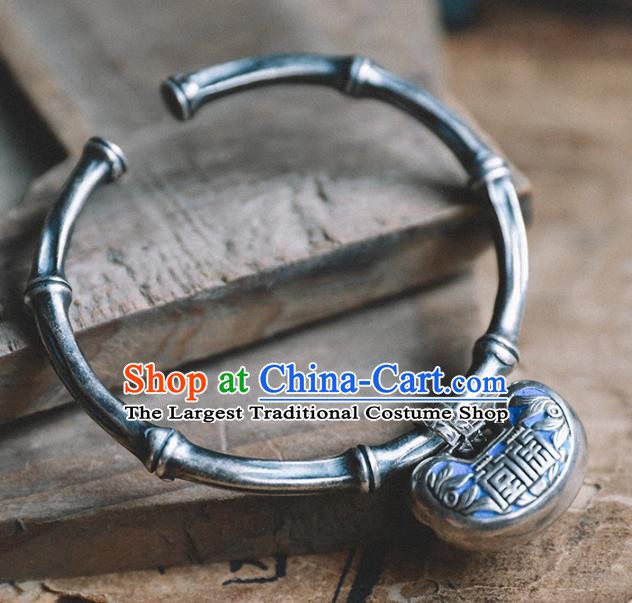 China Traditional Silver Bamboo Bracelet Accessories Classical Bangle Blueing Longevity Lock Wristlet Jewelry