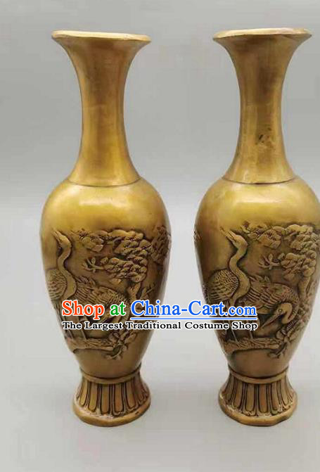 Handmade Chinese Brass Vase Accessories Carving Crane Flower Jardiniere Ornaments