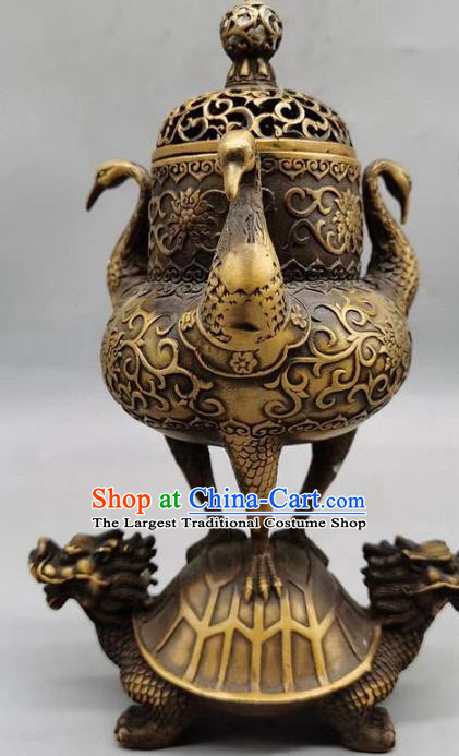 Handmade Chinese Carving Tortoise Crane Censer Ornaments Traditional Brass Incense Burner Accessories
