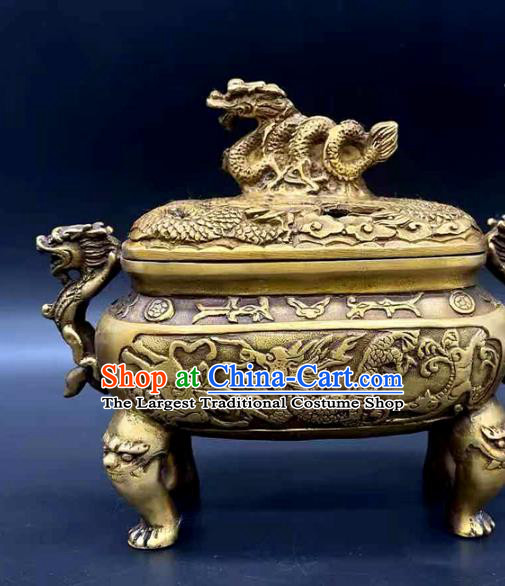 Handmade Chinese Carving Dragon Censer Ornaments Traditional Brass Incense Burner Accessories