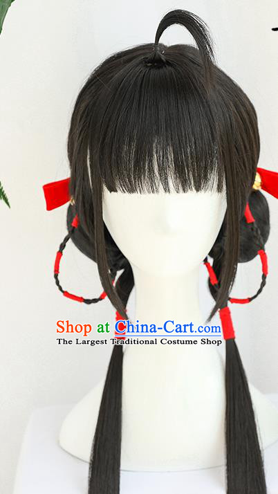 China Traditional Qing Dynasty Wiggery Headdress Handmade Ancient Village Girl Straight Bangs Wig Sheath