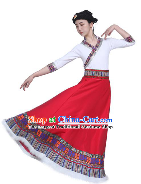 China Handmade Tibetan Folk Dance White Blouse and Red Skirt Outfits Traditional Zang Nationality Clothing