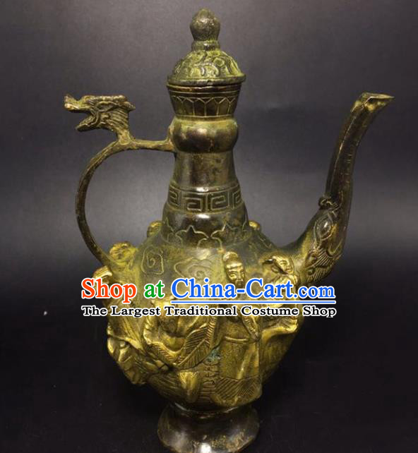 Handmade Chinese Wine Pot Traditional Brass Accessories Carving Eight Treasures Flagon Ornaments
