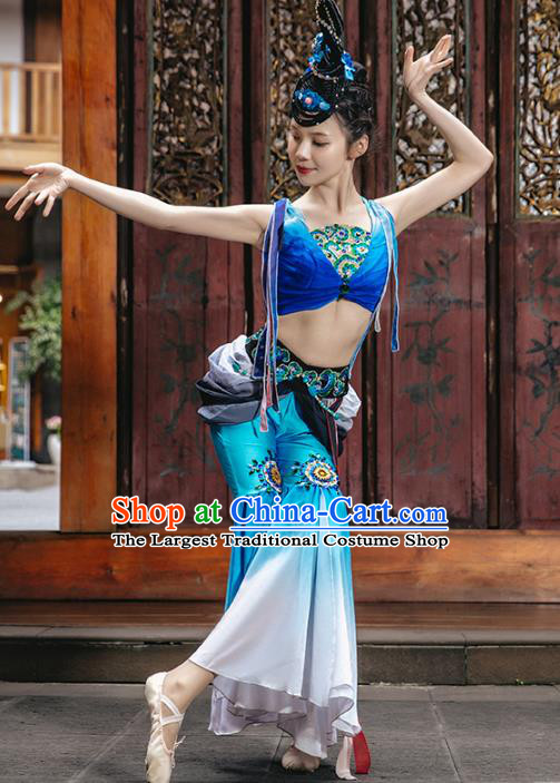 Traditional China Stage Show Costumes Flying Apsaras Dance Clothing Classical Dance Blue Outfits