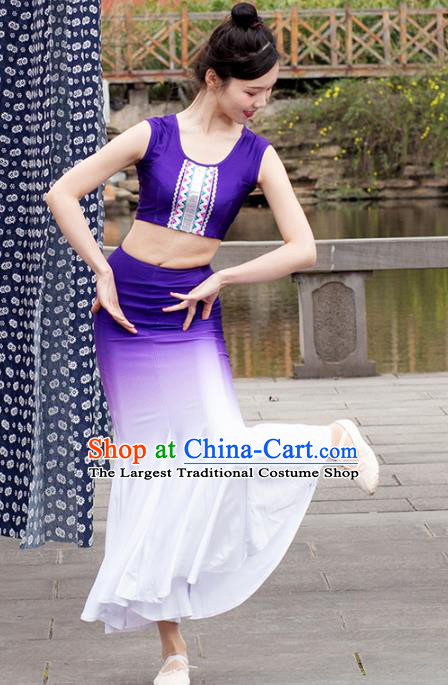 China Traditional Dai Nationality Peacock Dance Clothing Yunnan Ethnic Women Purple Dress Outfits