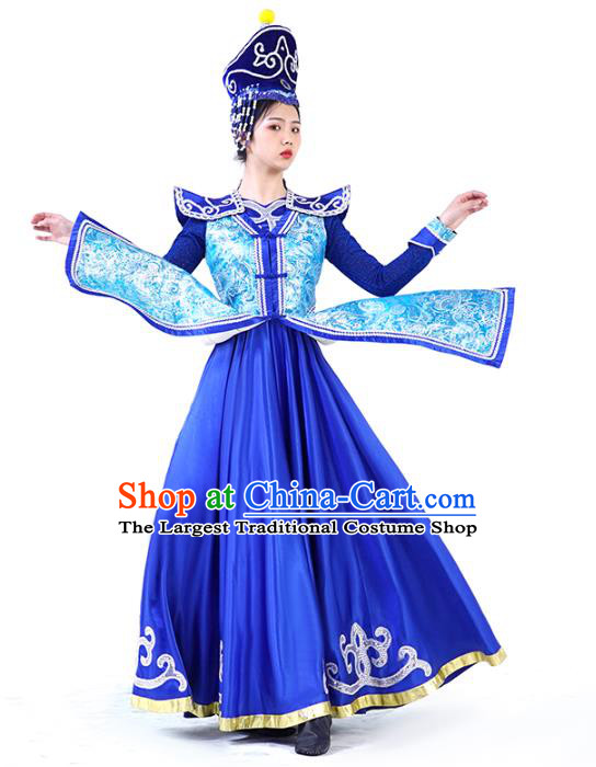 China Mongolian Ethnic Women Folk Dance Royalblue Dress and Hat Outfits Traditional Mongol Nationality Wedding Clothing