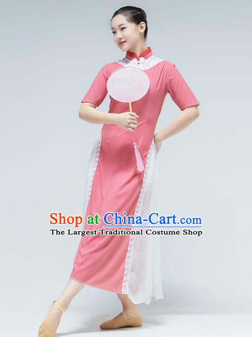 Traditional China Round Fan Dance Stage Performance Costume Classical Dance Pink Qipao Dress