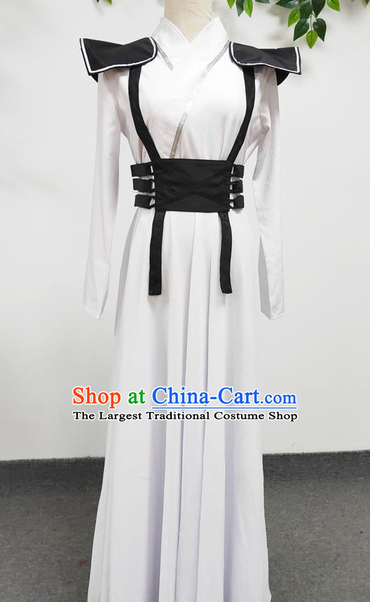 Traditional Chinese Cosplay Ancient Female Swordsman White Hanfu Dress Stage Performance Clothing