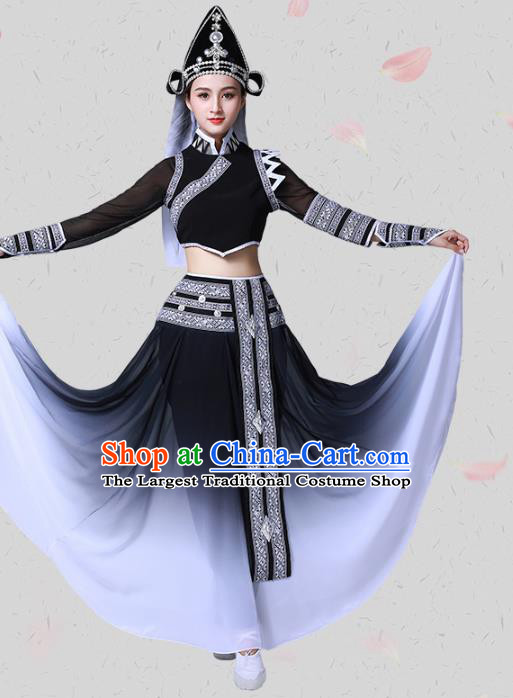 China Traditional Ethnic Dance Black Clothing Dai Nationality Stage Show Blouse and Skirt Outfits