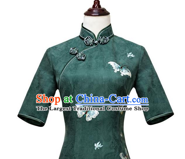 China Embroidery Butterfly Deep Green Silk Qipao Dress Traditional Embroidered Cheongsam Costume
