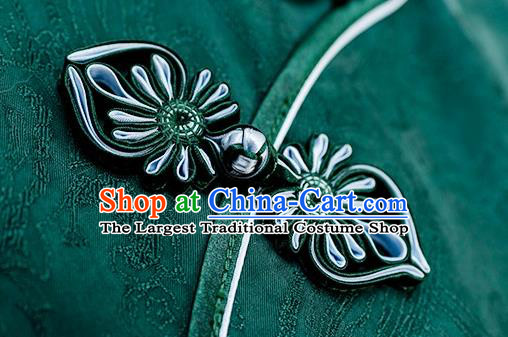 China Embroidery Butterfly Deep Green Silk Qipao Dress Traditional Embroidered Cheongsam Costume