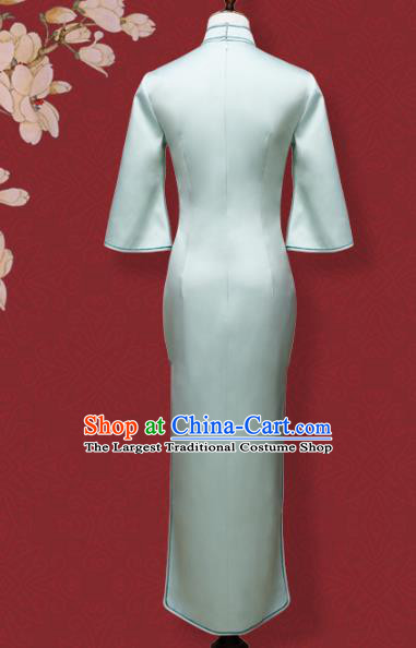 China Traditional Qipao Dress Embroidered Costume Embroidery Flowers Bird Light Blue Silk Cheongsam