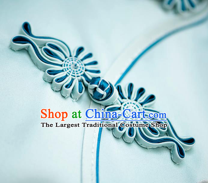 China Traditional Qipao Dress Embroidered Costume Embroidery Flowers Bird Light Blue Silk Cheongsam