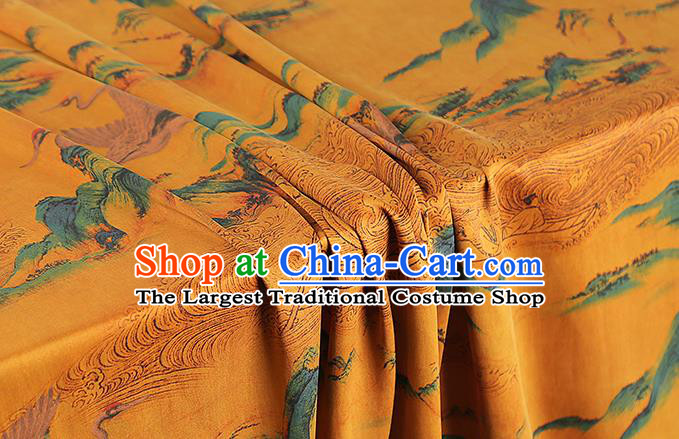Chinese Traditional Cheongsam Silk Fabric Classical Landscape Crane Pattern Brocade Cloth Drapery Yellow Gambiered Guangdong Gauze