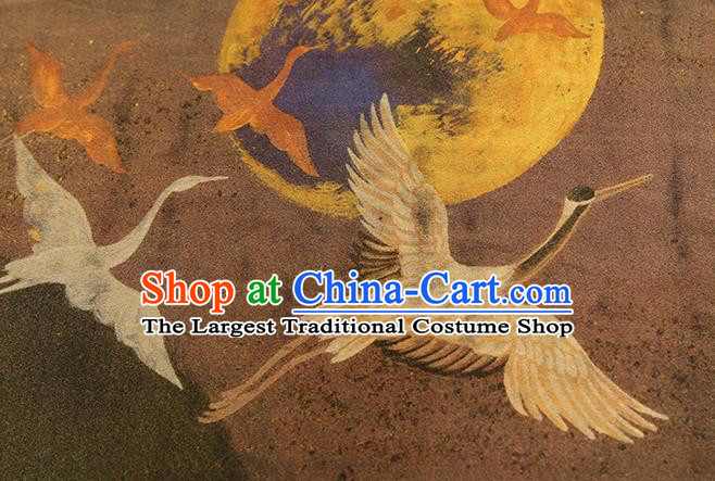 China Traditional Printing Cranes Brown Silk Fabric Classical Gambiered Guangdong Gauze Cheongsam Drapery