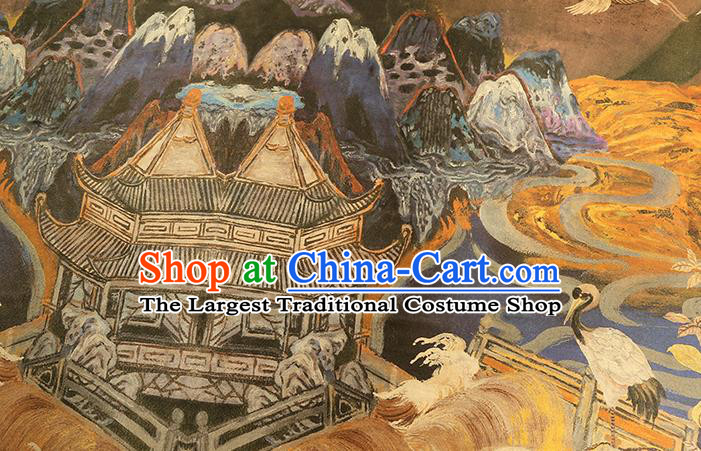 China Traditional Printing Cranes Brown Silk Fabric Classical Gambiered Guangdong Gauze Cheongsam Drapery
