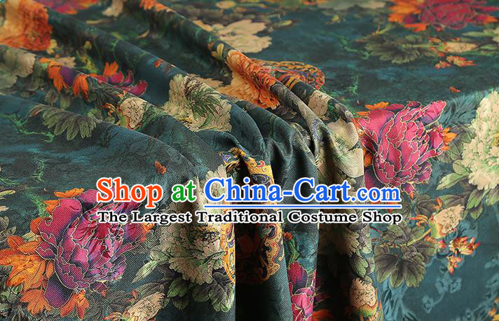 Chinese Dark Green Brocade Fabric Classical Peony Pattern Silk Drapery Traditional Cheongsam Gambiered Guangdong Gauze