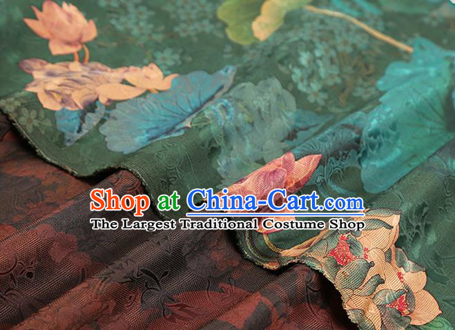 Chinese Classical Lotus Pattern Silk Drapery Qipao Dress Deep Green Satin Traditional Brocade Fabric