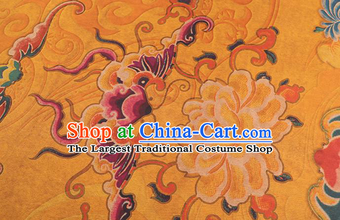 China Traditional Printing Peony Bat Silk Fabric Cheongsam Drapery Classical Yellow Gambiered Guangdong Gauze